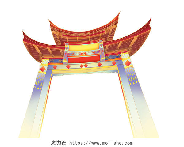 红色手绘国潮古风中国风龙门建筑元素PNG素材